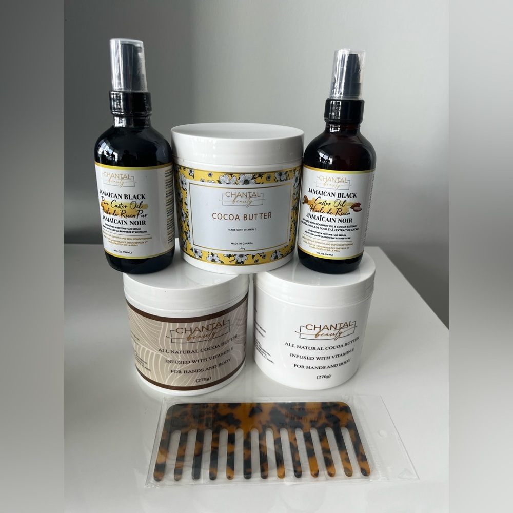 Self care kit- 3 cocoa butter, 2 hair oils, 1 massage comb. Offers welco…